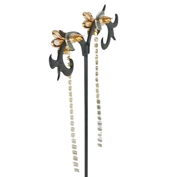 Gold Flower Rhinestone Linear Drop Earrings Pearl Luxe Bling Modern Retro Glam - Picture 5 of 15